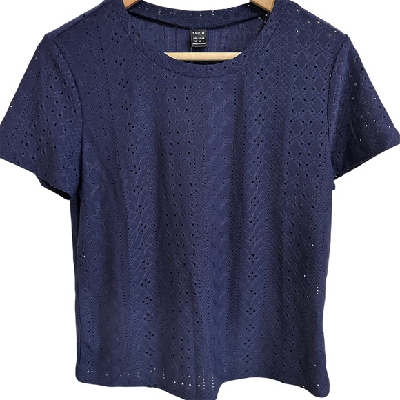 Shein Frenchy Eyelet T-Shirt‎ Short Sleeve Casual Top Navy Blue Size M - Picture 1 of 8